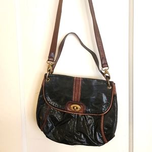 Vintage Fossil Brown Black Leather Crossbody Bag Purse Size medium